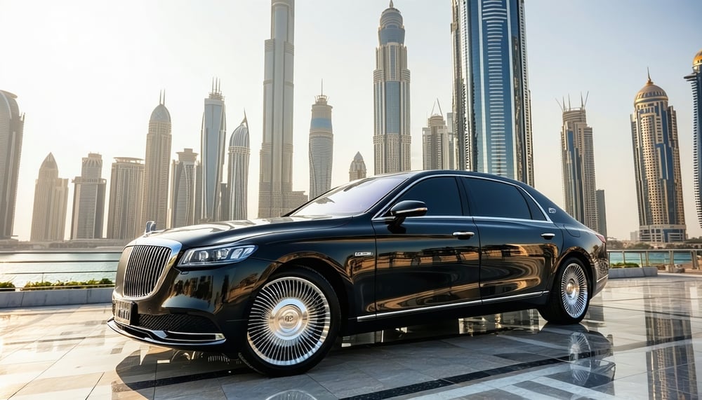 Luxury vehicle in front of Dubai skyline Luxury vehicle in front of Dubai skyline