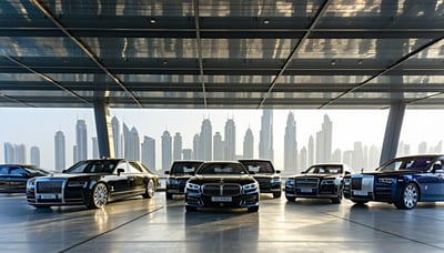 Luxury vehicles and city skyline in Dubai Luxury vehicles and city skyline in Dubai